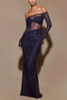 Febedress Off Shoulder Long Sleeves Mesh Splice Sequin Maxi Party Dress