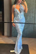 Febedress Halter Cowl Neck Open Back Sequin Maxi Party Dress