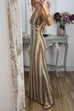 Febedress Halter V Neck Backless Color Block Crochet Maxi Dress