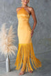 Febedress Halter Neck Patchwork Fringe Hem Satin Maxi Dress