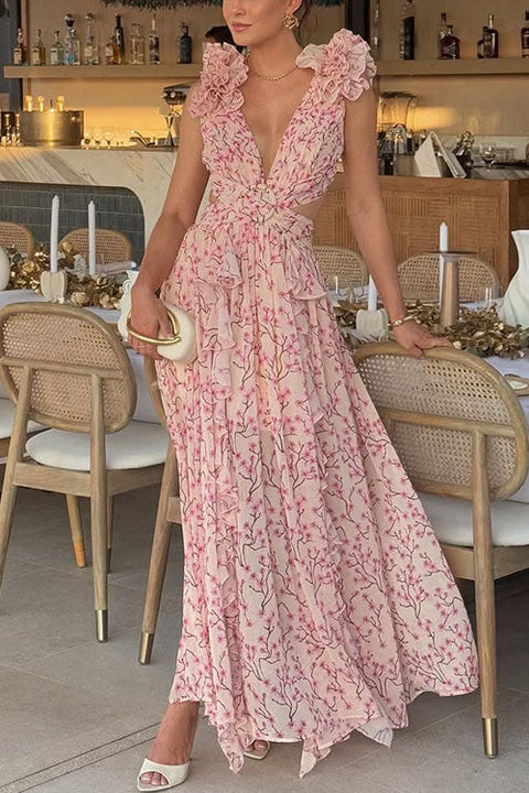Febedress Deep V Neck Sleeveless Cut Out Floral Print Ruffle Maxi Dress