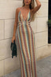 Febedress Halter V Neck Backless Color Block Crochet Maxi Dress