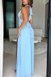 Febedress Deep V Neck Halter Tie Knot Backless Slit Maxi Dress