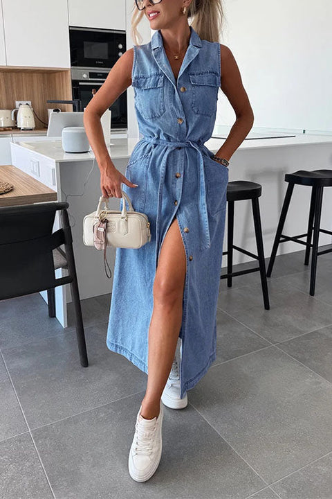 Febedress Sleeveless Button Down Tie Waist Pocketed Denim Midi Dress
