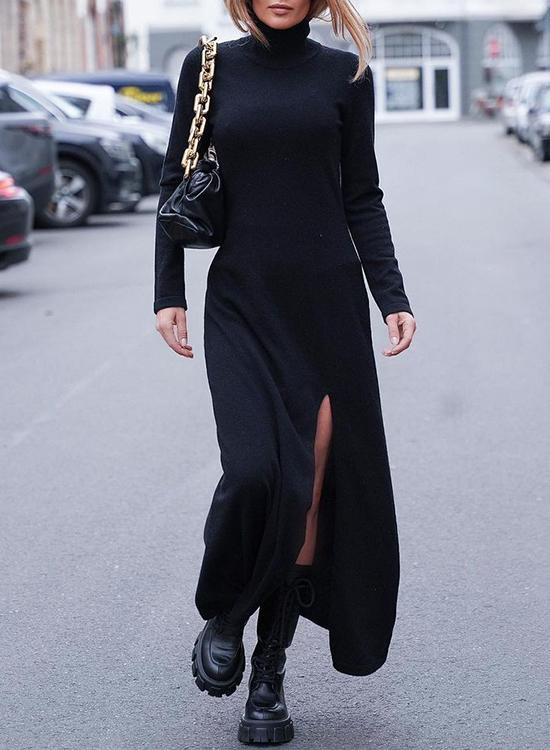 Febedress Turtleneck Long Sleeve High Split Maxi Dress