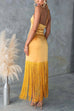 Febedress Halter Neck Patchwork Fringe Hem Satin Maxi Dress