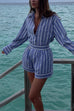 Febedress Striped Long Sleeves Curve Hem Shirt and High Rise Shorts Set