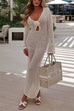 Febedress V Neck Long Sleeves Backless Crochet Hollow Out Knit Maxi Dress