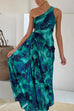 Febedress One Shoulder Drawstring Cut Out Printed Maxi Pleated Dress