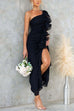 Febedress One Shoulder Slit Ruched Ruffle Mesh Maxi Dress
