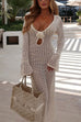 Febedress V Neck Long Sleeves Backless Crochet Hollow Out Knit Maxi Dress