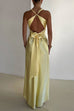 Febedress V Neck Back Tie Bow Cut Out Satin Maxi Dress