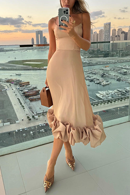Febedress Spaghetti Strap Flounce Hem Bustier Midi Dress