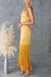 Febedress Halter Neck Patchwork Fringe Hem Satin Maxi Dress