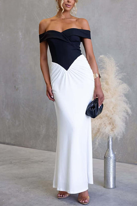 Off Shoulder Zipper Back Color Block Maxi Dress