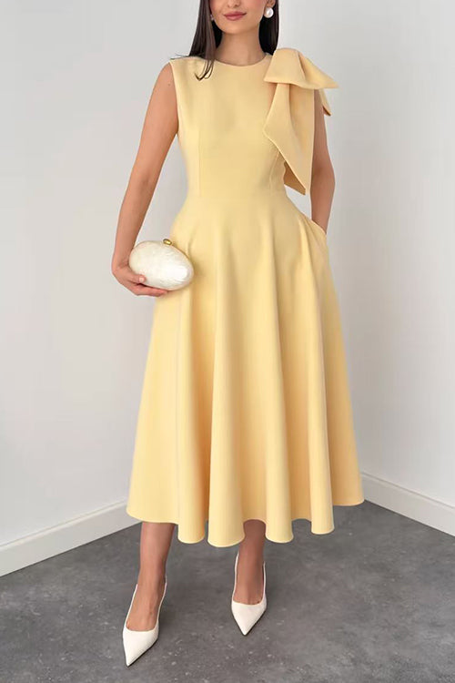 Crewneck Sleeveless Bow Shoulder A-line Midi Dress