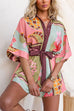 Lapel Button Up Tie Waist Floral Print Romper
