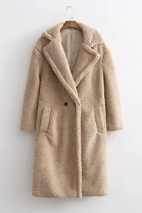 Febedress Notch Lapel Double Breasted Pocketed Fuzzy Fleece Coat