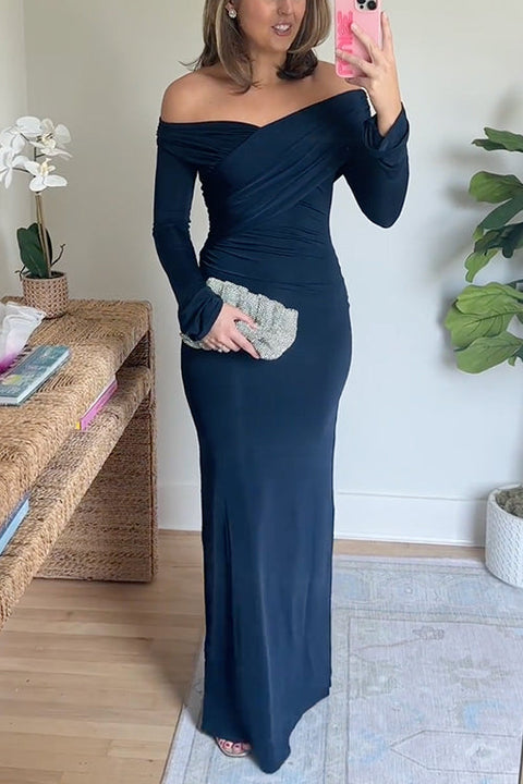 Elegant Off Shoulder Long Sleeves Ruched Maxi Dress