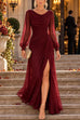 Febedress Elegant Cowl Neck Ruched Chiffon Long Sleeve Slit Maxi Dress