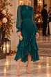 Febedress Mock Neck Sheer Sleeve Pleated Ruffle High-Low Midi Dress (E)