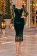 Febedress V Neck Long Sleeves Lace Splice Velvet Bodycon Midi Dress