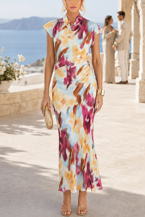 Cowl Neck Short Sleeves Tie Dye Maxi Dress