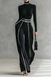 Febedress Color Block High Neck Long Sleeves Top High Rise Wide Leg Pants Set