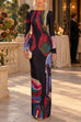 Febedress Boat Neck Long Sleeve Abstract Print Maxi Dress