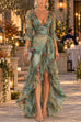 Febedress V Neck Floral Print High Low Hem Ruffle Maxi Dress
