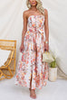 Strapless Bow Waist Floral Print Slit Wide Leg Jumpsuit