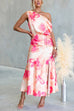 One Shoulder Floral Print Slit Satin Maxi Dress