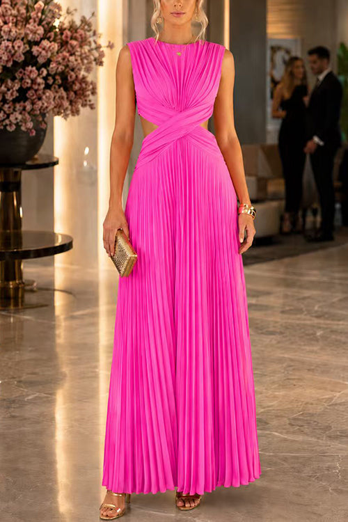 Febedress Crewneck Sleeveless Open Back Pleated Maxi Dress