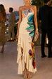 One Shoulder Floral Print Ruffle Hem Slit Maxi Dress
