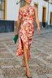 Asymmetrical Shoulder Split Floral Print Midi Dress