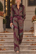 Febedress Lapel Long Sleeves Shirt High Rise Pocketed Straight Leg Pants Paisley Print Set (A)