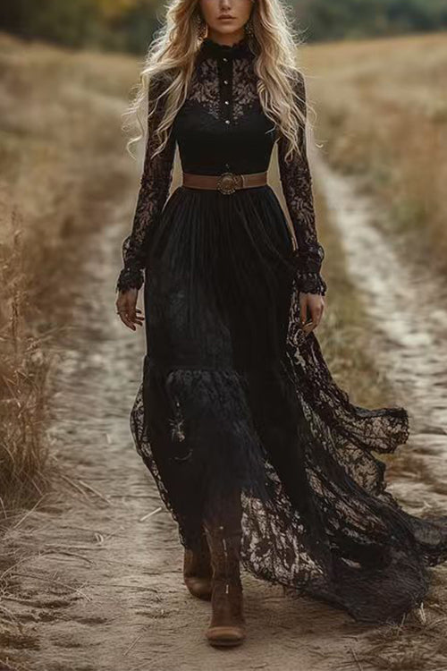 Febedress Long Sleeves Button Up Lace Maxi Dress