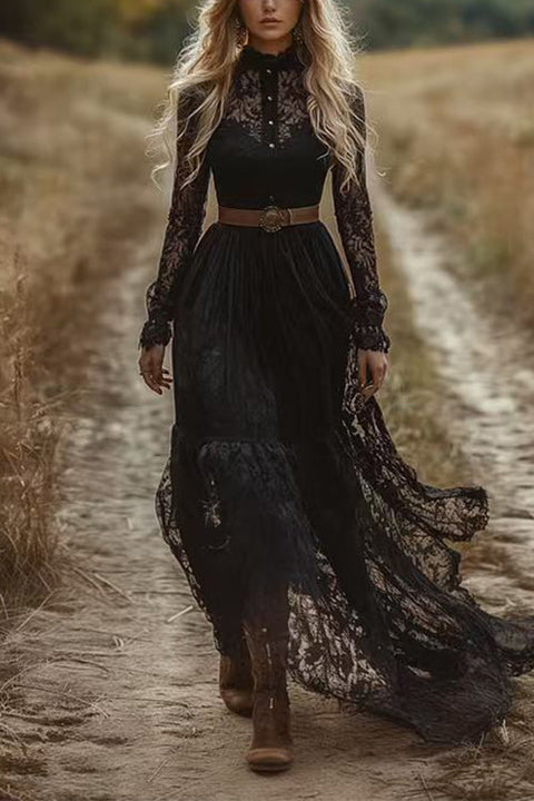 Febedress Long Sleeves Button Up Lace Maxi Dress