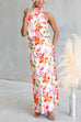 Asymmetrical Shoulder Sleeveless Waisted Floral Print Maxi Dress
