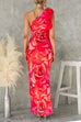Febedress Ruffle One Shoulder Floral Print Bodycon Maxi Dress