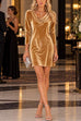 Febedress Cowl Neck Long Sleeve Velvet Mini Dress