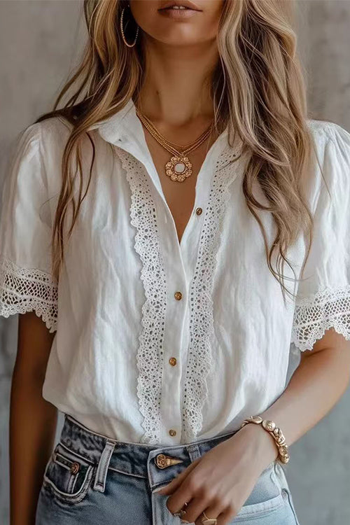 Febedress Lapel Short Sleeves Button Up Lace Trim Top