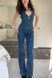 Febedress Zip Up Sleeveless Heart Back Bell Bottom Denim Jumpsuit