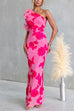 Chic Ruffle One Shoulder Sleeveless Floral Mesh Maxi Dress