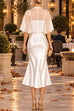 Febedress Mock Neck Chiffon Cape Overlay Satin Midi Dress Set (B)