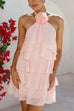 Febedress Flower Halter Neck Backless Ruffle Layered Mini Dress