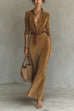 Febedress Long Sleeves Button Up Faux Suede Belted Maxi Dress