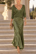 Febedress V Neck Drop Shoulder Sweater and Satin Maxi Cami Dress Set (A)
