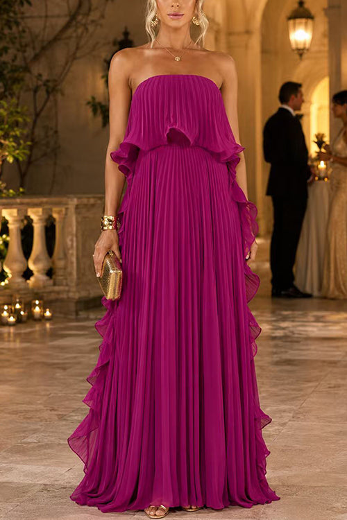 Febedress Strapless Tube Ruffle Hem Pleated Maxi Dress