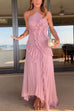 Febedress Strappy Halter Neck Ruffle Trim Asymmetric Hem Pleated Maxi Dress